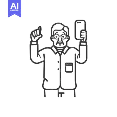 Aset premium populer: Elderly Man with Glasses Holding a Smartphone and Making a Fist