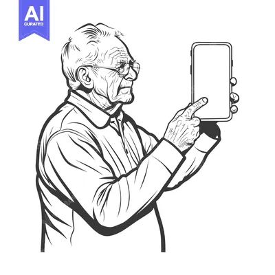Premium design asset: Elderly Man with Glasses Holding Smartphone and Pointing at Screen