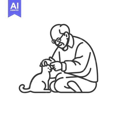 Popular premium asset: Elderly man with glasses kneeling down and petting a cat