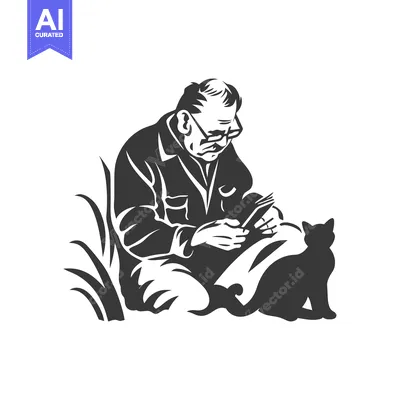 Aset premium populer: Elderly Man with Glasses Sitting with Cat and Grass