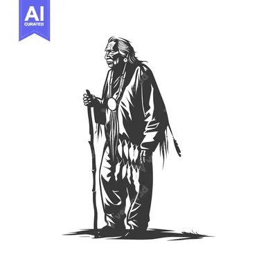 Popular premium asset: Elderly Native American man in traditional attire holding a walking st