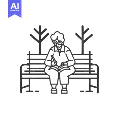 Aset premium populer: Elderly Person Sitting on a Bench with a Book and Pencil