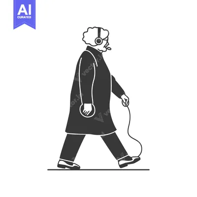 Aset desain premium: Elderly Person Walking with Headphones and Holding a Phone