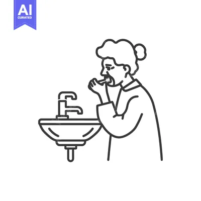 Aset desain premium: Elderly Woman Brushing Teeth in Bathroom Sink