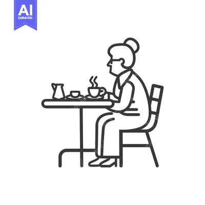 Aset desain premium: Elderly woman drinking coffee at a table