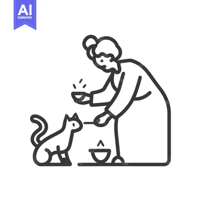 Premium design asset: Elderly Woman Feeding a Cat from a Bowl