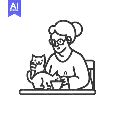 Aset premium populer: Elderly Woman Feeding Two Cats at a Table