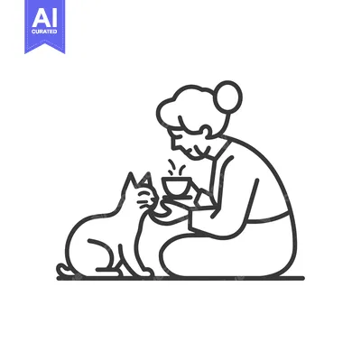 Aset premium populer: Elderly Woman Holding a Cup and Petting a Cat