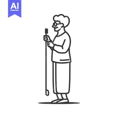 Aset desain premium: Elderly Woman Holding a Toothbrush in Outline Style
