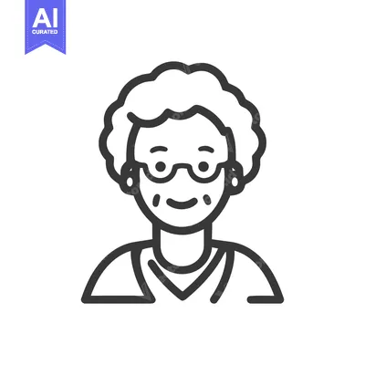 Aset desain premium: Minimalist Icon of Smiling Elderly Woman with Glasses and Curly Hair