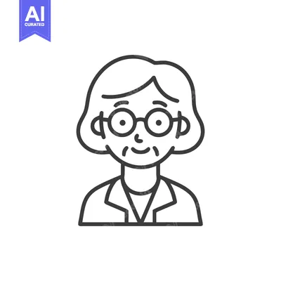 Aset desain premium: Line Art Portrait: Smiling Elderly Woman with Round Glasses and Bob Ha