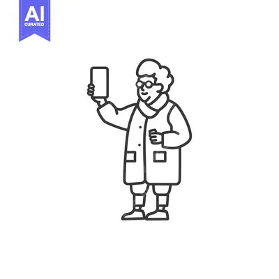 Aset desain premium: Elderly Woman in Coat Holding Up a Smartphone