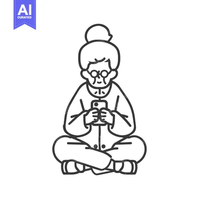 Aset desain premium: Elderly Woman in Glasses Sitting Cross-legged Using Smartphone