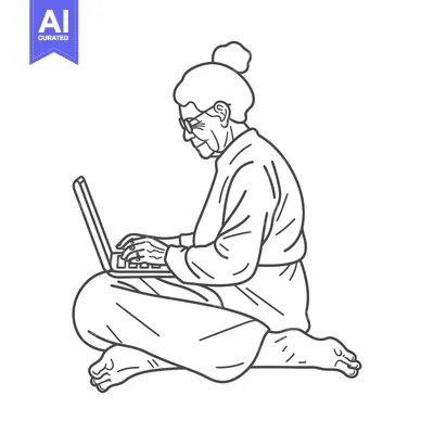 Aset premium populer: Elderly Woman in Glasses Using a Laptop While Sitting in a Cross-Legge