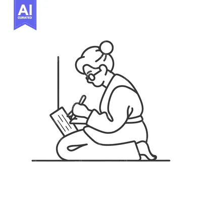Aset desain premium: Elderly woman in glasses writing on a document while kneeling