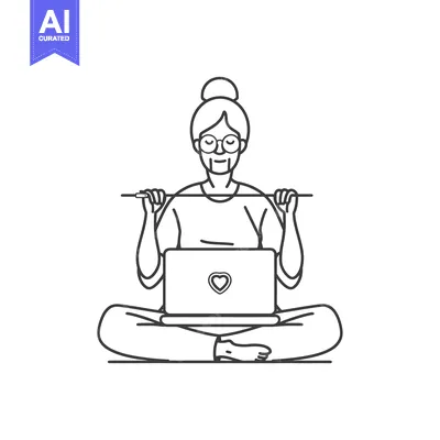 Premium design asset: Elderly Woman in Lotus Pose Using Laptop with Heart Icon