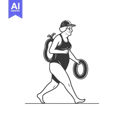 Aset premium populer: Elderly Woman in Swimsuit Walking with a Float