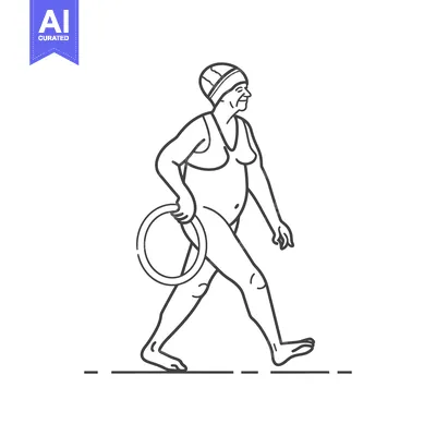 Elderly Woman in Swimsuit Walking with Pool Ring