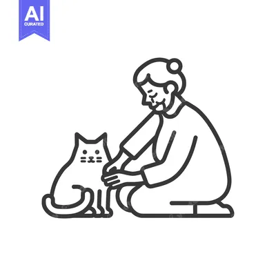 Aset desain premium: Elderly Woman Kneeling and Petting a Cat