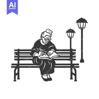 Aset desain premium: Elderly Woman Reading a Book on a Bench Under Streetlights