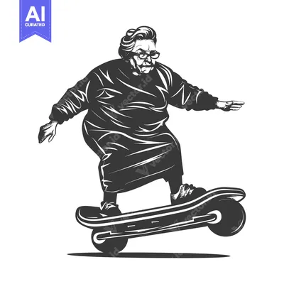 Aset desain premium: Elderly Woman Riding a Skateboard with a Determined Expression