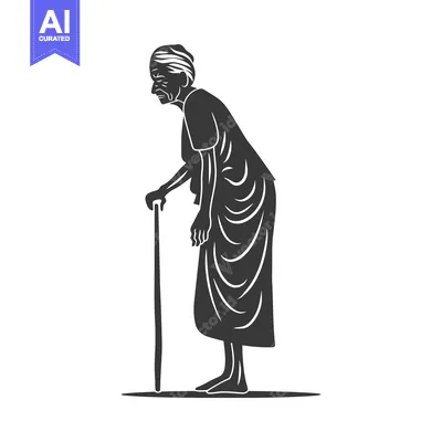 Aset desain premium: Elderly woman silhouette with a walking stick
