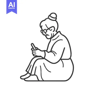 Aset desain premium: Elderly Woman Sitting and Using a Smartphone