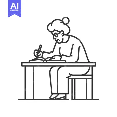 Premium design asset: Elderly woman sitting at a desk writing in a notebook