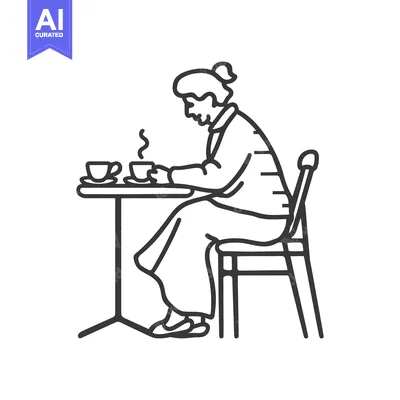 Aset desain premium: Elderly Woman Sitting at a Table with a Cup of Coffee
