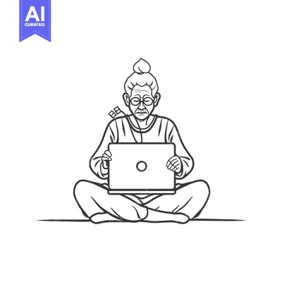 Aset desain premium: Elderly Woman Sitting Cross-legged Using a Laptop