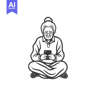 Premium design asset: Elderly Woman Sitting Cross-legged Using a Smartphone