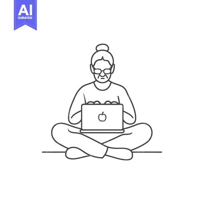 Aset desain premium: Elderly Woman Sitting in Lotus Pose Using a Laptop