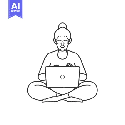 Aset desain premium: Elderly Woman Sitting in Lotus Position Using Laptop