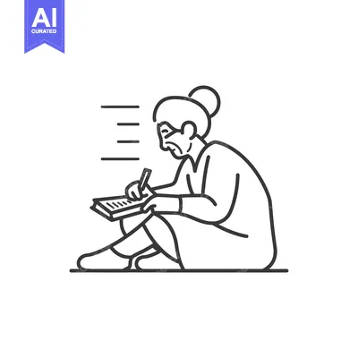Premium design asset: Elderly woman sitting on the floor writing in a notebook