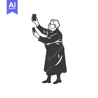 Premium design asset: Elderly woman taking a selfie with a smartphone