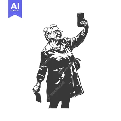 Aset desain premium: Elderly Woman Taking a Selfie With a Smartphone