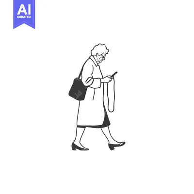 Aset desain premium: Elderly Woman Walking and Using Smartphone
