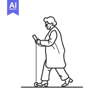 Aset desain premium: Elderly Woman Walking with a Cane and Looking at a Phone