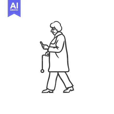 Aset premium populer: Elderly woman walking with a cane and looking at a phone