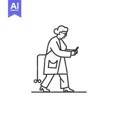 Aset premium populer: Elderly Woman Walking with a Cane and Using a Smartphone