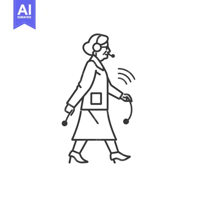Aset desain premium: Elderly Woman Walking with a Headset and Holding a Device with a Signa