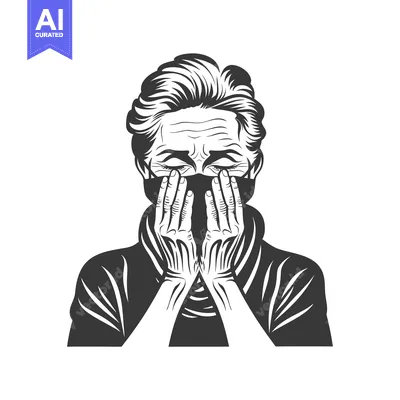 Elderly Woman Wearing a Face Mask and Covering Her Face with Her Hands