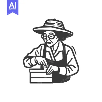 Aset desain premium: Elderly Woman Wearing Glasses and a Hat, Holding a Cup and a Box