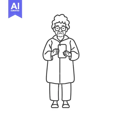 Premium design asset: Elderly Woman Wearing Glasses and a Robe Holding a Smartphone