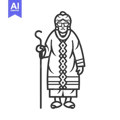 Aset premium populer: Elderly Woman with a Cane and a Traditional Long-Sleeved Garment