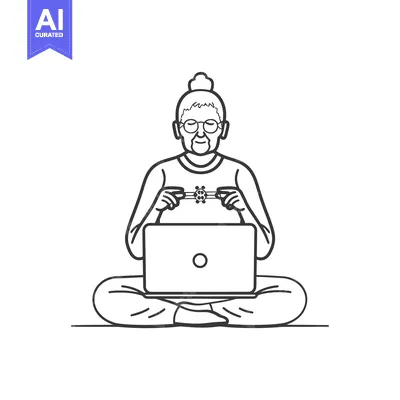 Aset premium populer: Elderly Woman with Bun Sitting on Floor Using Laptop