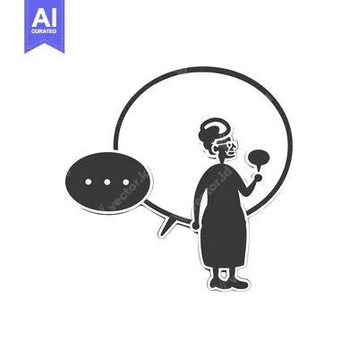Aset desain premium: Elderly woman with glasses holding a microphone in a speech bubble