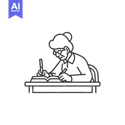 Aset desain premium: Elderly Woman with Glasses Writing at a Desk