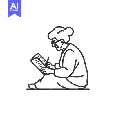 Aset desain premium: Elderly Woman with Glasses Writing in a Book