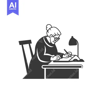Aset desain premium: Elderly Woman Writing at Desk with Lamp